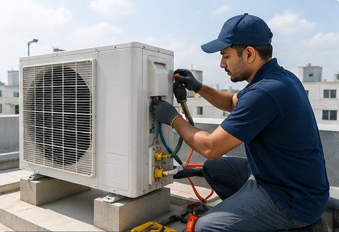 Technician servicing an old outdoor AC unit before replacement