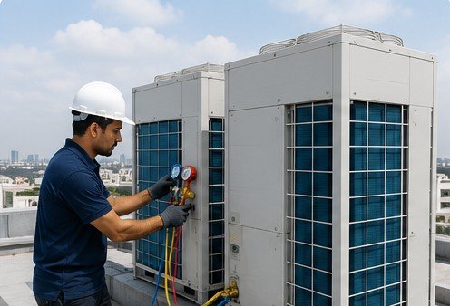 Technician installing a VRF air conditioning system on a rooftop